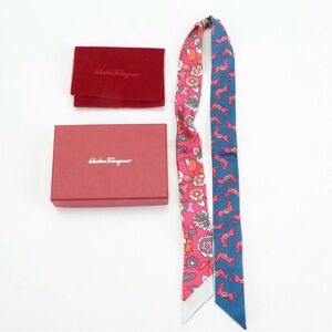 Salvatore Ferragamo Pink and Blue Silk Scarf with scarf ring